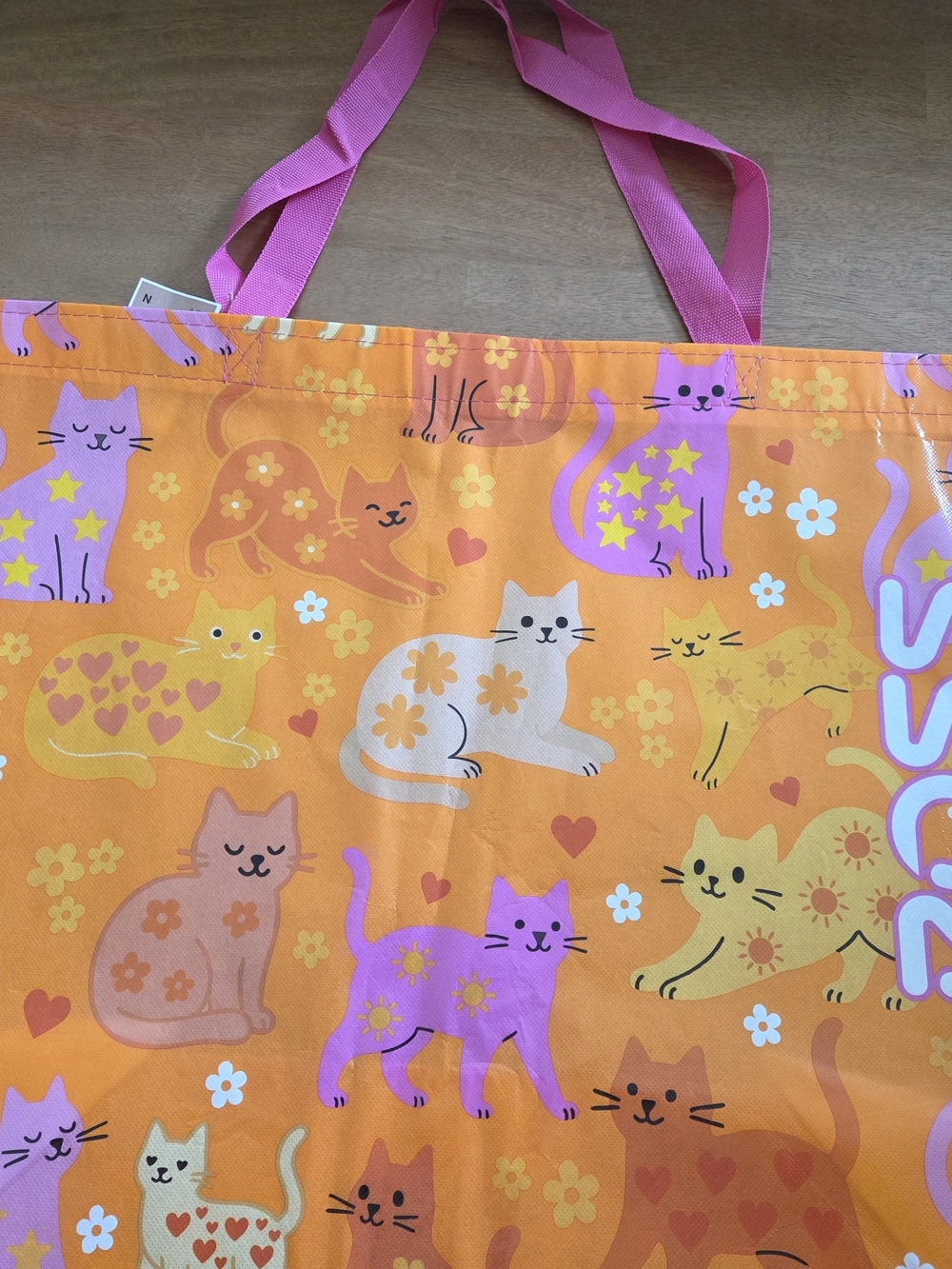 Ross Cat Print Reusable Shopping Tote Bag Orange Pink Large
